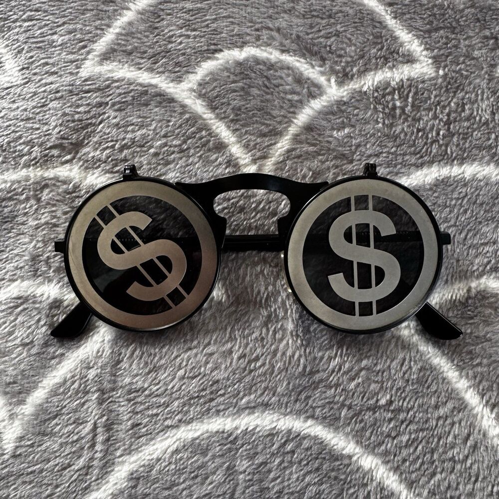 Steampunk Rave Party Money Sign Round Flip Up Retro 90s Unisex Black Sunglasses